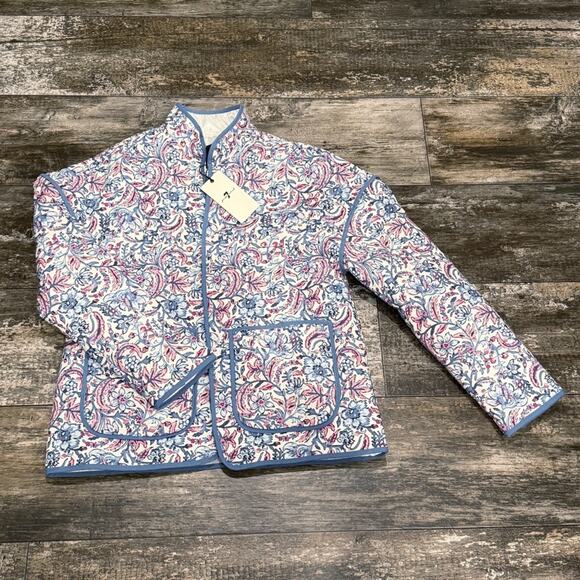7 For All Mankind Jacket Quilted Paisley Floral XS Blue White Lightweight NEW - Picture 2 of 15